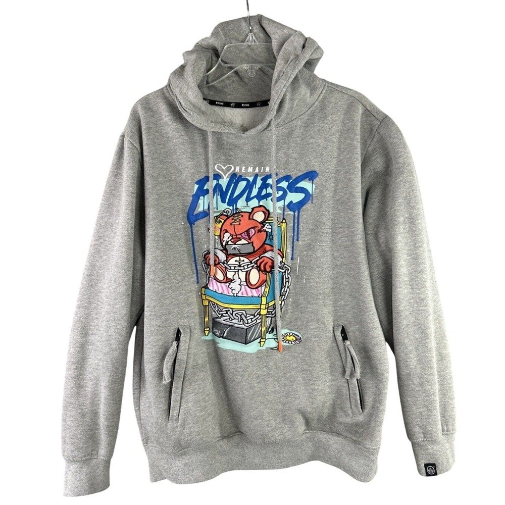 RS1NE Men's M/L Remains Endless Gray Embroidered Fleece Sweatshirt Hoodie **READ